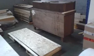 Furniture item prepared for packaging and international shipment