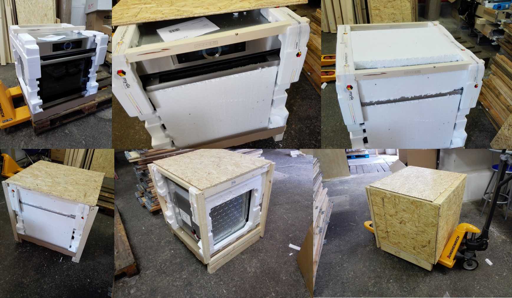 home appliances being packaged with foam and wooden crates for shipment